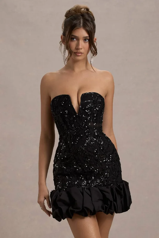 Empire Waist Women Dress to Accentuate the Bust and Conceal the WaistNadia | Black Sequin Strapless Mini Dress With Ruffle Trim