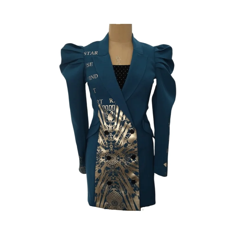 Women's Belted Blazers in Camel Color for a Sophisticated OutfitNavy Blue Puff Sleeves Sagrada Blazer