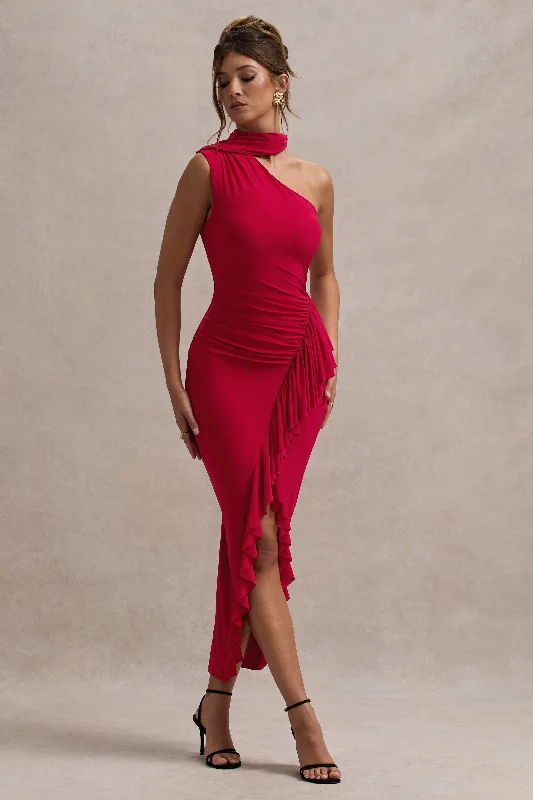 Shift Women Dress with a Simple and Classic Design for Everyday WearNevaeh | Red Asymmetric High-Neck Ruffle Split Maxi Dress