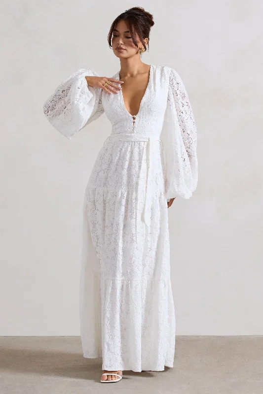 Plus Size Women Dress with a Flattering A - Line Cut for Comfort and StyleNixie | White Lace Puff-Sleeve Layered Maxi Dress With Belt