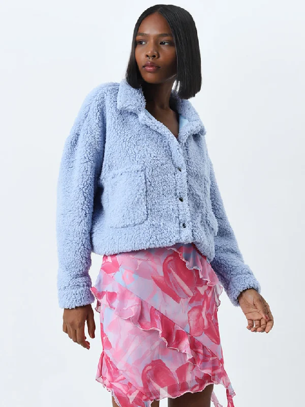 Plus Size Women's Embroidered Blazers in Floral Patterns for a Feminine TouchNuon Dusty Blue Fleece Jacket