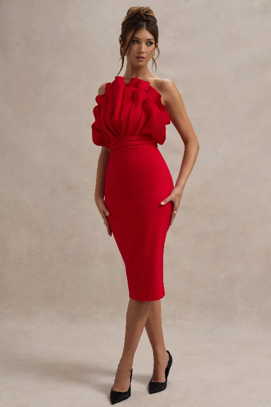 Long - Sleeve Women Dress in Velvet for a Luxurious Winter LookOria | Red Ruffled Strapless Midi Dress