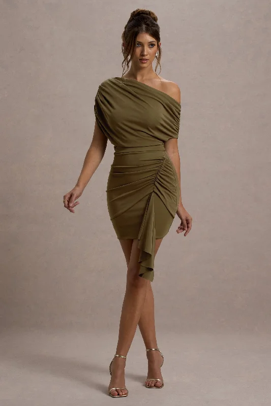 Pleated Women Dress with a Timeless and Elegant TextureOsmanthus | Khaki Asymmetric Draped Mini Dress