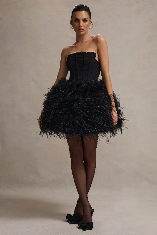 Off - the - Shoulder Women Dress for a Romantic and Feminine LookPeaches | Black Strapless Mini Dress With Volume Feather Hem