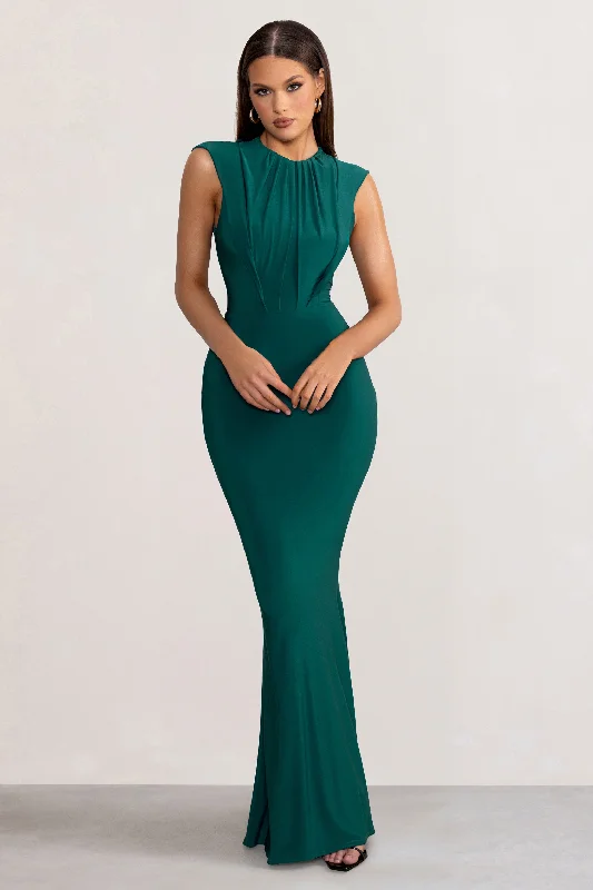 Sheath Women Dress with a Tailored Fit for a Professional LookPhoenix | Bottle Green Sleeveless Maxi Dress with Hood