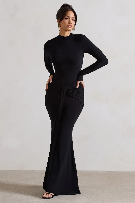 Ruffled Women Dress with Multiple Layers for a Playful and Girly StylePietra | Black High-Neck Long Sleeve Knot Maxi Dress