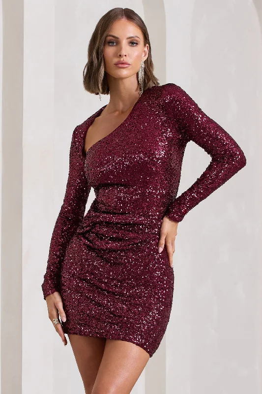 Mermaid - Style Women Dress with a Fitted Silhouette for Special OccasionsRising Star | Burgundy Sequin Long-Sleeved Twisted Mini Dress