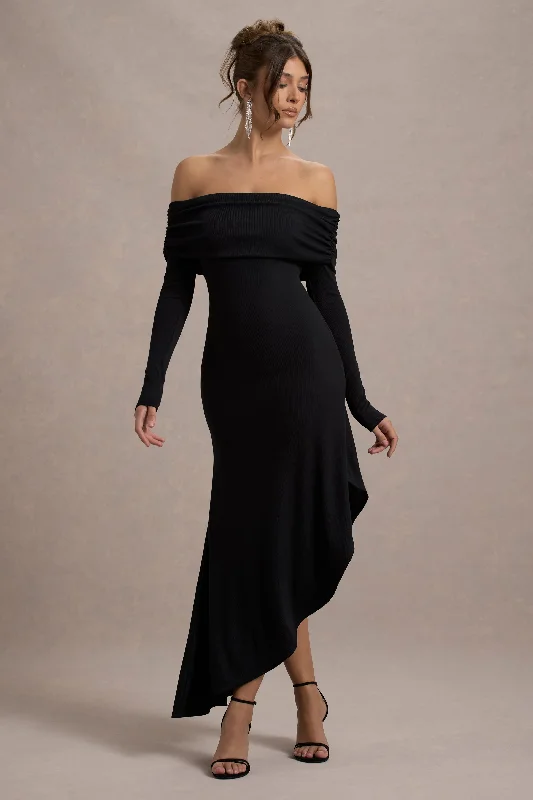 Pleated Women Dress with a Timeless and Elegant TextureRomina | Black Rib Knit Bardot Maxi Dress With Asymmetric Hem