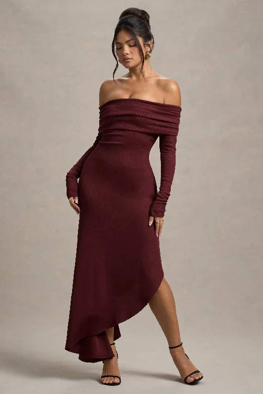 Shift Women Dress with a Simple and Classic Design for Everyday WearRomina | Port Rib Knit Bardot Maxi Dress With Asymmetric Hem