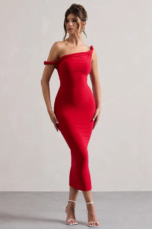 Off - the - Shoulder Women Dress for a Romantic and Feminine LookSalome | Red Twisted Asymmetric Midi Dress