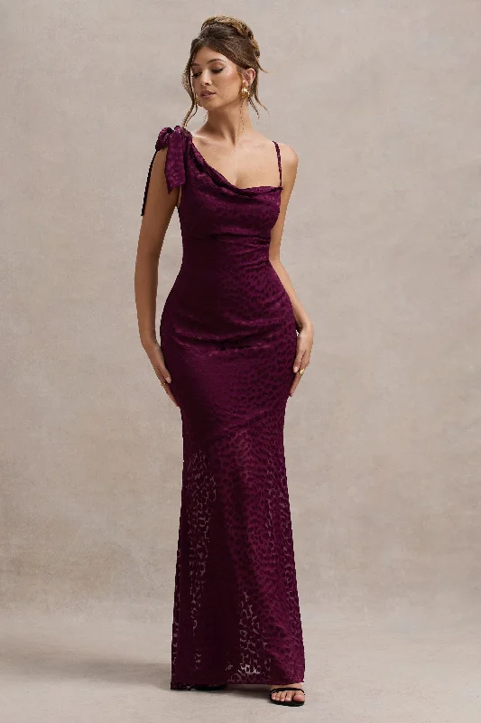 Pleated Women Dress with a Timeless and Elegant TextureSangria | Burgundy Satin Jacquard Cowl-Neck Maxi Dress