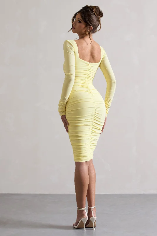 Sheath Women Dress with a Tailored Fit for a Professional LookSeductress | Yellow Long Sleeve Square Neck Ruched Midi Dress