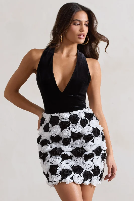 Sheath Women Dress with a Tailored Fit for a Professional LookSerenade | Black & White Plunge Halter-Neck Mini Dress With Flowers