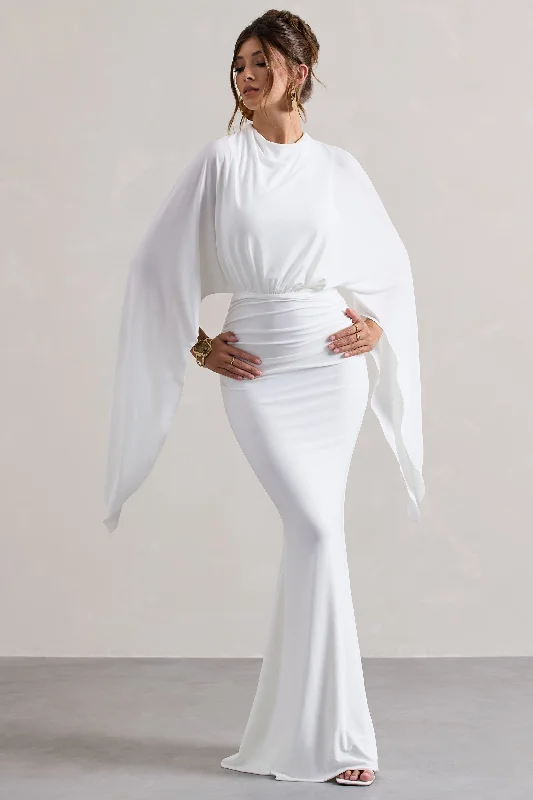 Mini Women Dress with a Short Hem for a Young and Trendy StyleShea | White High-Neck Cape Sleeve Maxi Dress