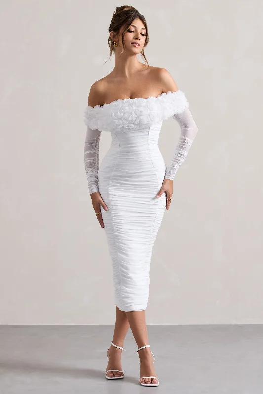 Halter Neck Women Dress to Show Off the Shoulders and NecklineSierra | White Mesh Ruched Floral Bardot Lace-Up Midi Dress