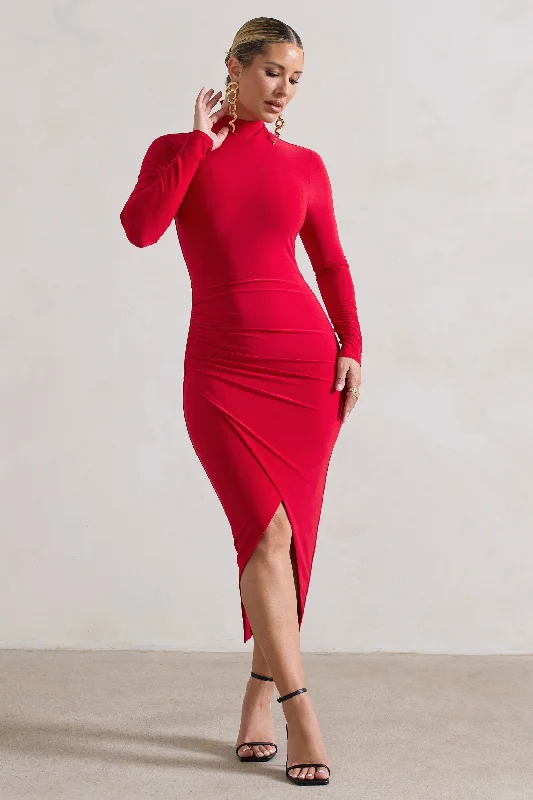 Empire Waist Women Dress to Accentuate the Bust and Conceal the WaistSoha | Red High-Neck Wrap Midi Dress