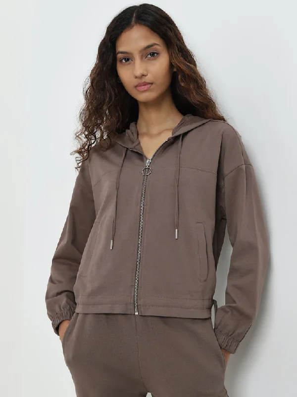 Plus Size Women's Military - Inspired Blazers with Gold Accents for a Bold LookStudiofit Brown Hooded Cotton Jacket