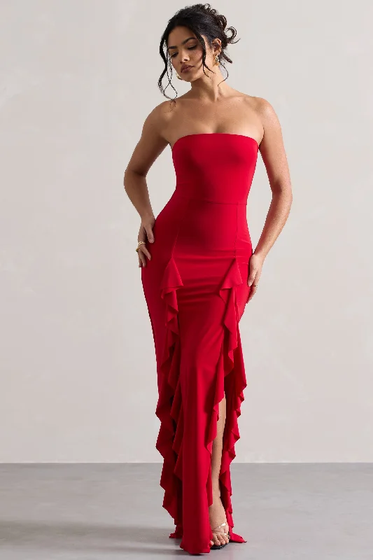 Pleated Women Dress with a Timeless and Elegant TextureSusan | Red Bandeau Maxi Dress With Ruffled Splits