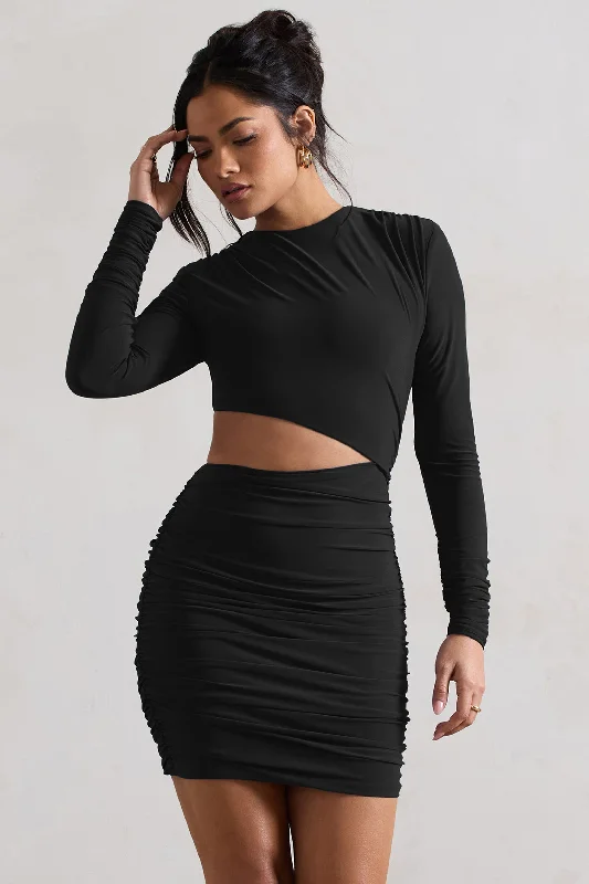 Strapless Women Dress with a Built - in Bra for Comfort and SupportTana | Black Ruched Bodycon Long Sleeve Cut-Out Mini Dress