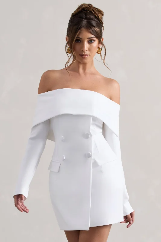 Pleated Women Dress with a Timeless and Elegant TextureTara | White Bardot Tailored Blazer Dress