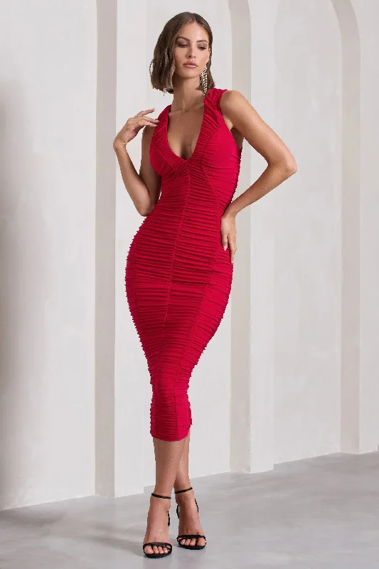 Mini Women Dress with a Short Hem for a Young and Trendy StyleTempting Fate | Red Ruched Bodycon V-Neck Maxi Dress