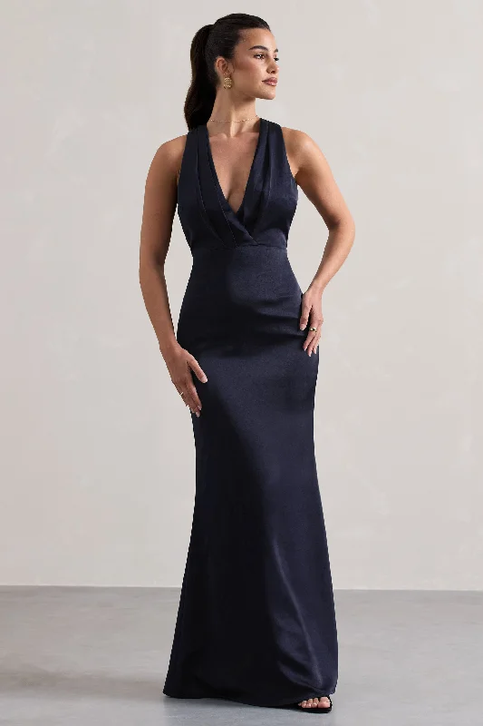 Off - the - Shoulder Women Dress for a Romantic and Feminine LookTiffany | Navy Satin Plunge-Neck Maxi Dress