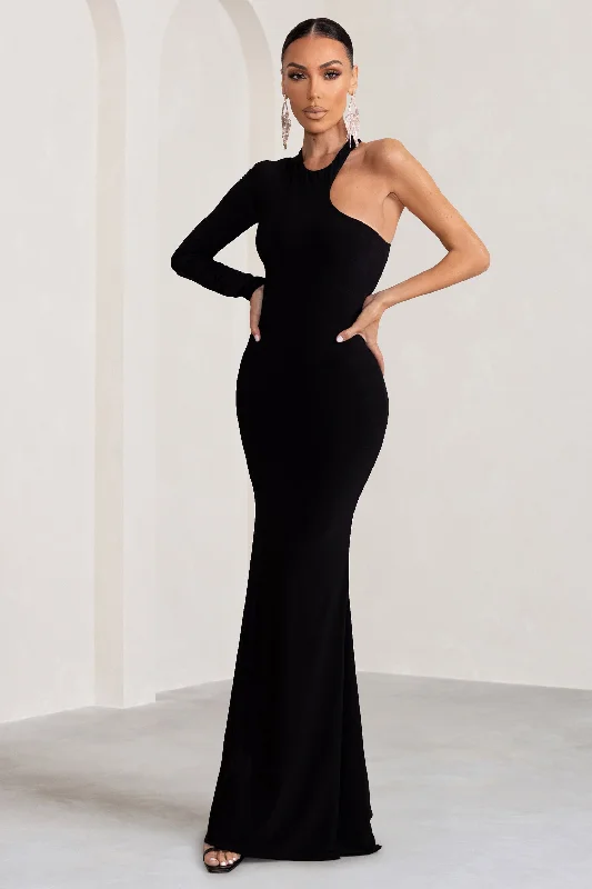 Halter Neck Women Dress to Show Off the Shoulders and NecklineTyra | Black Asymmetric Neck Cut Out Maxi Dress With Open Back Detail