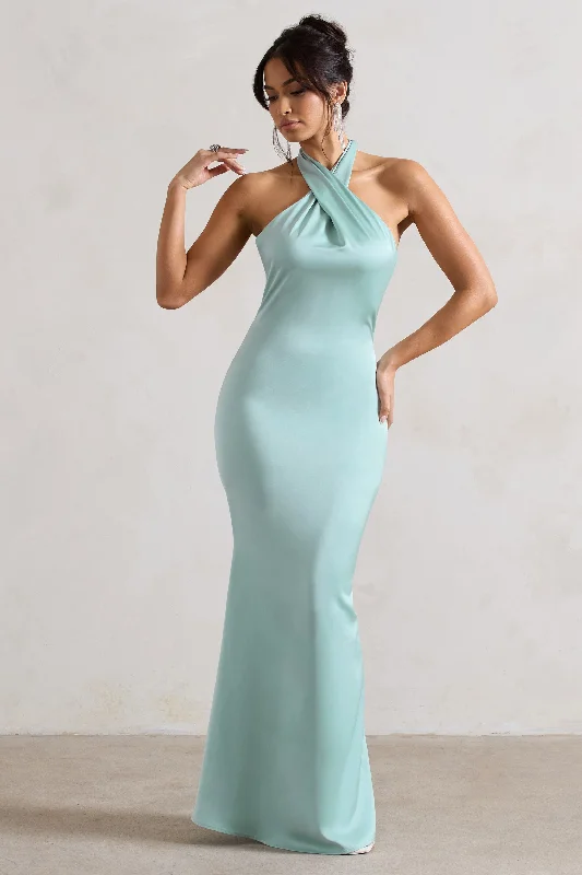 Off - the - Shoulder Women Dress for a Romantic and Feminine LookUnbeatable | Mint Green Satin Cross Over Halter-Neck Maxi Dress