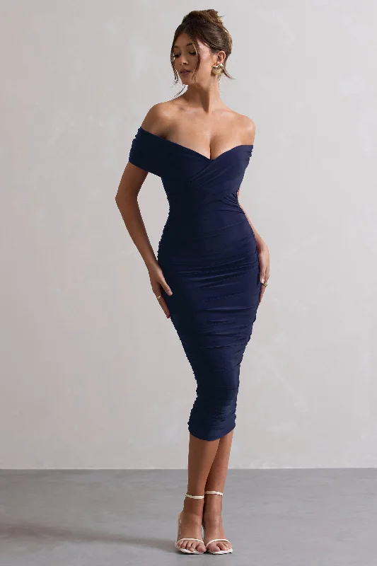 Little Black Women Dress with Sequins for a Glamorous Night OutUnwrapped | Navy Ruched Twist Bardot Midi Dress