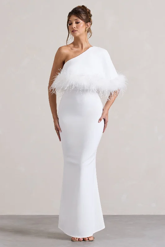 Off - the - Shoulder Women Dress for a Romantic and Feminine LookValor | White Asymmetric Maxi Dress With Feather Trim