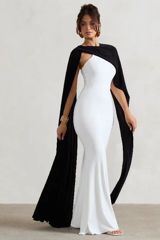 Plus Size Women Dress with a Flattering A - Line Cut for Comfort and StyleVianna | White Strapless Maxi Dress With Black Cape