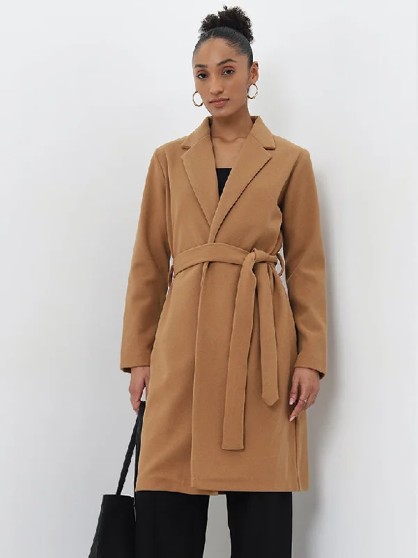 Plus Size Women's Military - Inspired Blazers with Gold Accents for a Bold LookWardrobe Tan Solid Long Coat with Belt