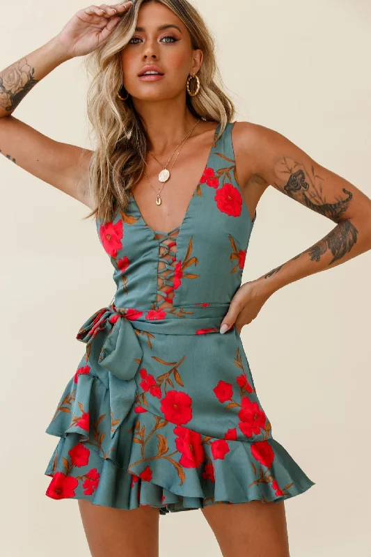 Halter Neck Women Dress to Show Off the Shoulders and NecklineWishful Thinking Plunging Neckline Ruffle Hem Romper Floral Print Sage