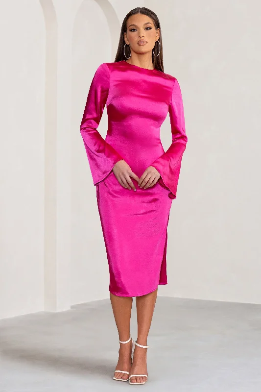 Long - Sleeve Women Dress in Velvet for a Luxurious Winter LookZaina | Hot Pink Long Sleeve Midi Dress with High Neckline