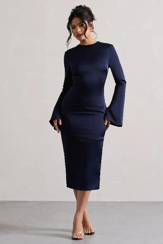 Wrap - Style Women Dress with Adjustable Fit for All Body TypesZaina | Navy Long Sleeve Midi Dress with High Neckline