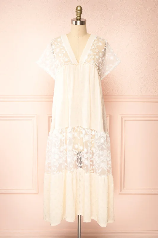 Shift Women Dress with a Simple and Classic Design for Everyday WearAilee | Beige & White Tiered Midi Dress w/ Embroidery