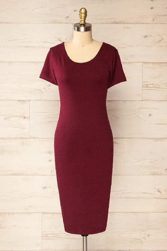 Ruffled Women Dress with Multiple Layers for a Playful and Girly StyleAthens Burgundy | Short Sleeve Fitted Midi Dress