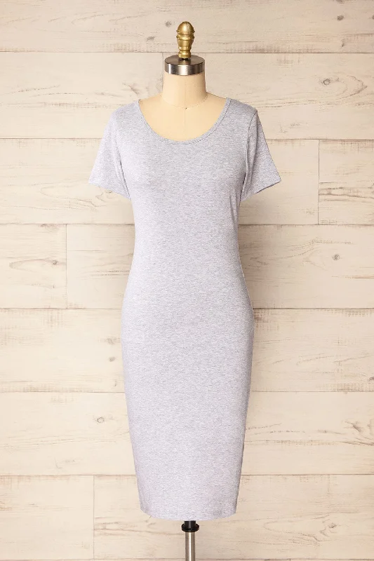 Backless Women Dress for a Sexy and Alluring Look at Evening EventsAthens Grey | Short Sleeve Fitted Midi Dress