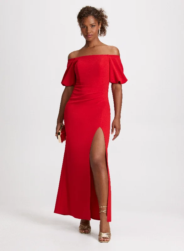 Pleated Women Dress with a Timeless and Elegant TextureBalloon Sleeve Front Slit Dress