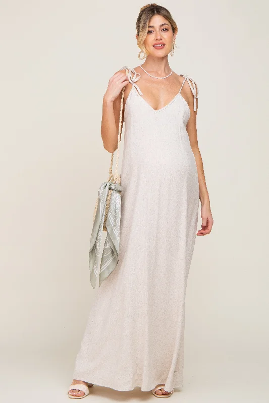 Ball Gown Women Dress with a Full Skirt for a Princess - like LookBeige Linen V-Neck Tie Strap Maternity Maxi Dress