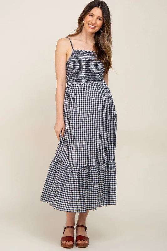 Strapless Women Dress with a Built - in Bra for Comfort and SupportBlack Gingham Smocked Maternity Midi Dress