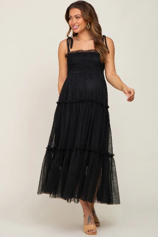 Backless Women Dress for a Sexy and Alluring Look at Evening EventsBlack Smocked Mesh Maternity Midi Dress