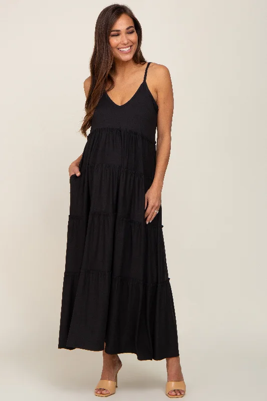 Long - Sleeve Women Dress in Velvet for a Luxurious Winter LookBlack Tiered Sleeveless Maternity Maxi Dress