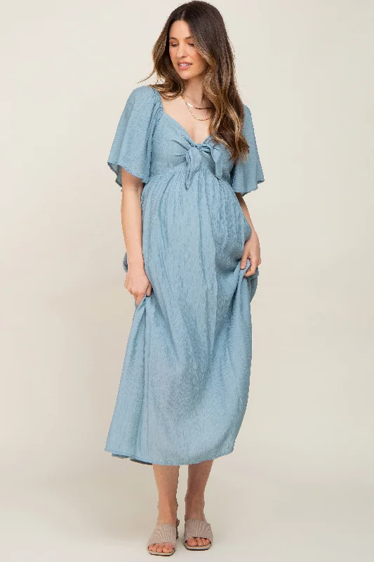 Shift Women Dress with a Simple and Classic Design for Everyday WearBlue Front Tie Ruffle Sleeve Maternity Midi Dress