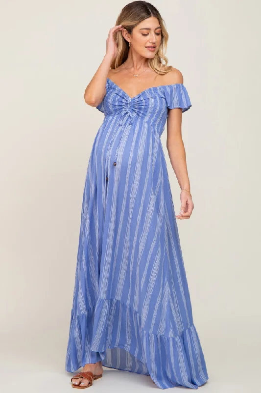 Sleeveless Women Dress in Bright Colors for Summer PartiesBlue Striped Off Shoulder Front Tie Maternity Maxi Dress