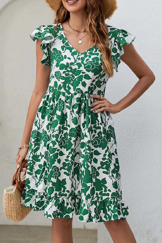 Ruffled Women Dress with Multiple Layers for a Playful and Girly StyleFloral Flutter Sleeve V-Neck Dress