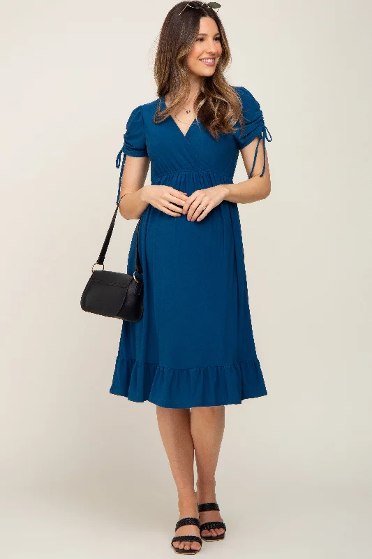 Pleated Women Dress with a Timeless and Elegant TextureDeep Teal Cinched Sleeve Maternity Midi Dress