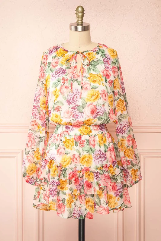 Mermaid - Style Women Dress with a Fitted Silhouette for Special OccasionsEcha | Colourful Short Floral Dress w/ Long Sleeves