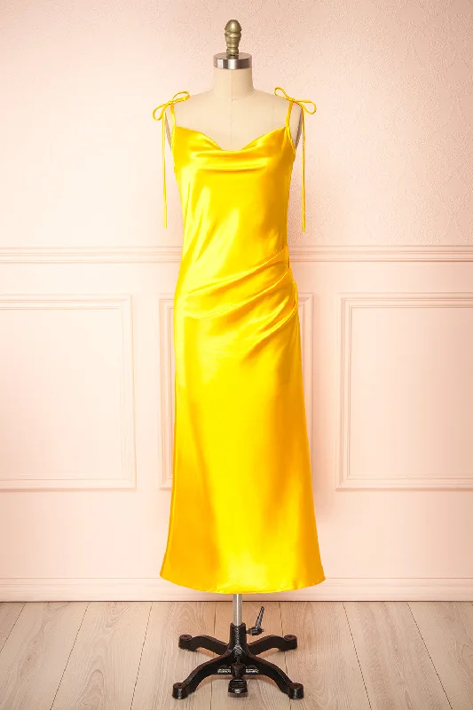 Strapless Women Dress with a Built - in Bra for Comfort and SupportElyse Yellow | Cowl Neck Midi Dress