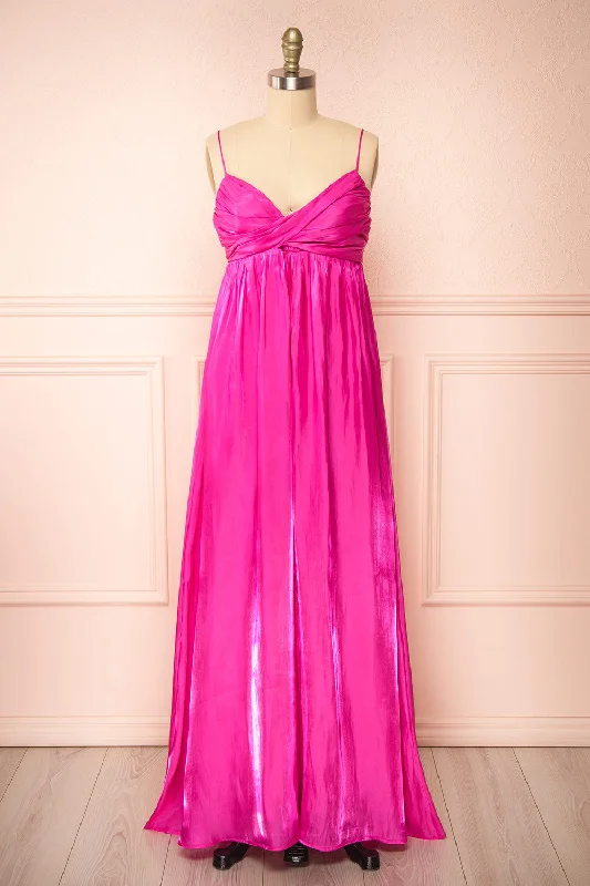 Lace - Embellished Women Dress for an Elegant and Sophisticated AppearanceEowyn | Silky Pleated Fuchsia Maxi Dress